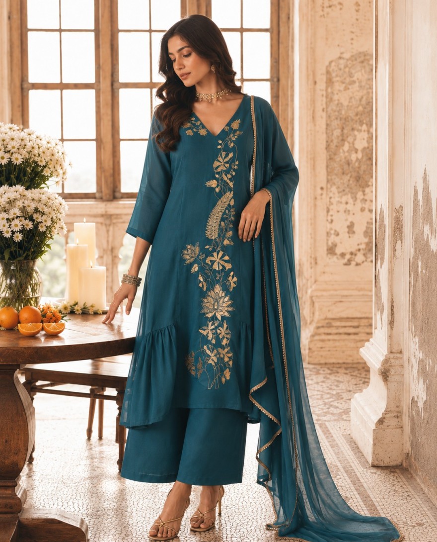 7111 - Chanderi Readymade Salwar Kameez in Teal